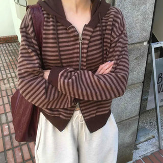 Casual Fleece-Lined Tencel Striped Zip-Up Hoodie