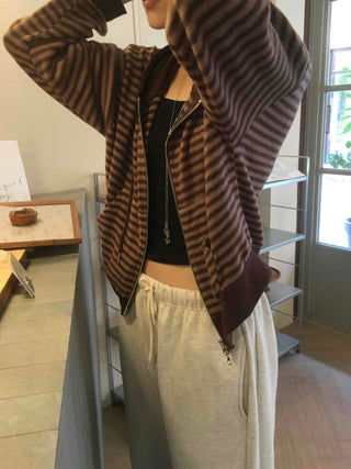 Casual Fleece-Lined Tencel Striped Zip-Up Hoodie