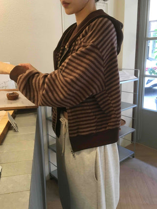 Casual Fleece-Lined Tencel Striped Zip-Up Hoodie
