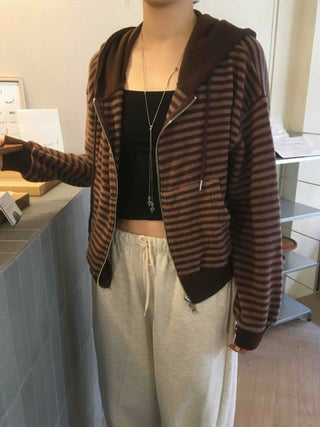 Casual Fleece-Lined Tencel Striped Zip-Up Hoodie