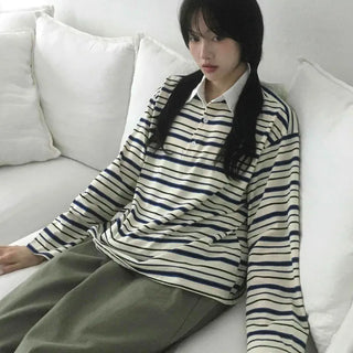 Oversized Collared Striped Long Sleeve T-shirt