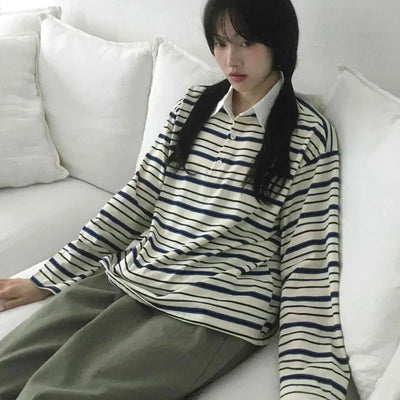 Oversized Collared Striped Long Sleeve T-shirt