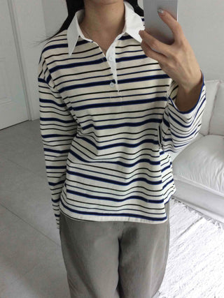 Oversized Collared Striped Long Sleeve T-shirt