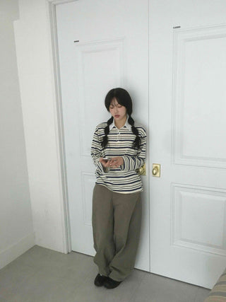 Oversized Collared Striped Long Sleeve T-shirt