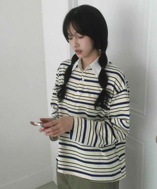 Oversized Collared Striped Long Sleeve T-shirt