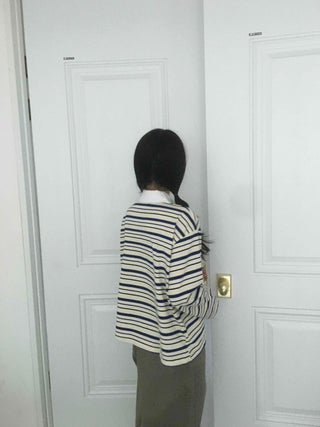 Oversized Collared Striped Long Sleeve T-shirt