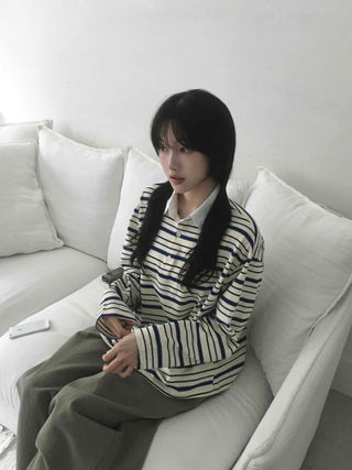 Oversized Collared Striped Long Sleeve T-shirt