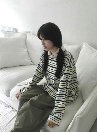 Oversized Collared Striped Long Sleeve T-shirt