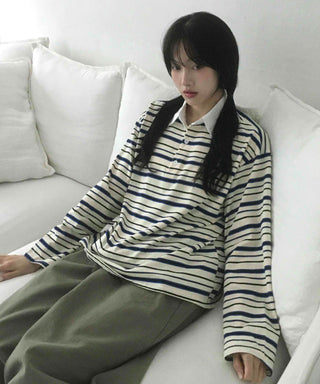 Oversized Collared Striped Long Sleeve T-shirt