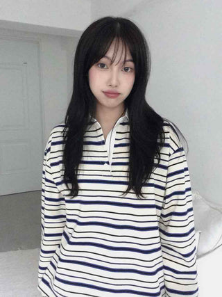 Oversized Collared Striped Long Sleeve T-shirt