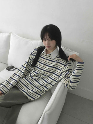 Oversized Collared Striped Long Sleeve T-shirt