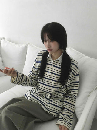 Oversized Collared Striped Long Sleeve T-shirt