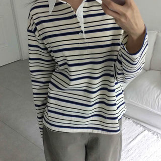 Oversized Collared Striped Long Sleeve T-shirt