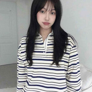 Oversized Collared Striped Long Sleeve T-shirt