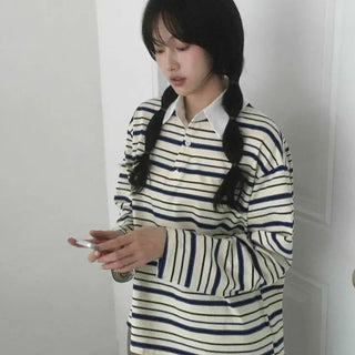 Oversized Collared Striped Long Sleeve T-shirt