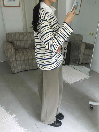 Oversized Collared Striped Long Sleeve T-shirt