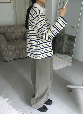 Oversized Collared Striped Long Sleeve T-shirt