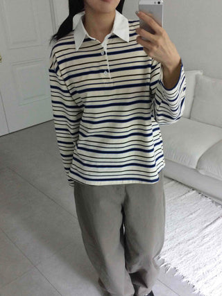 Oversized Collared Striped Long Sleeve T-shirt