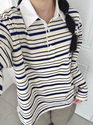 Oversized Collared Striped Long Sleeve T-shirt