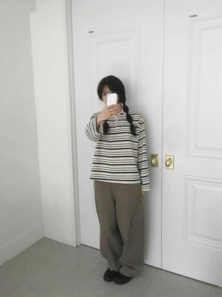 Oversized Collared Striped Long Sleeve T-shirt
