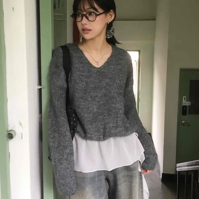 V-neck Layered Crop Knit