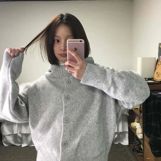 Frill Layered High-Neck Oversized Knit Cardigan