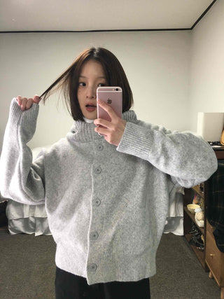 Frill Layered High-Neck Oversized Knit Cardigan