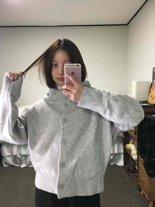 Frill Layered High-Neck Oversized Knit Cardigan