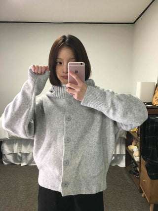 Frill Layered High-Neck Oversized Knit Cardigan