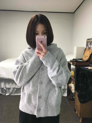 Frill Layered High-Neck Oversized Knit Cardigan