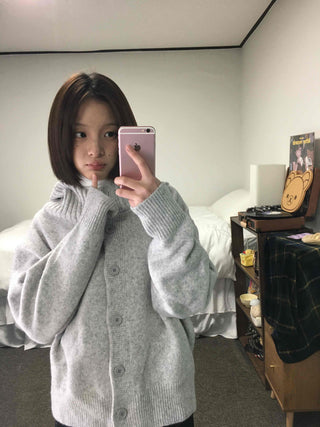 Frill Layered High-Neck Oversized Knit Cardigan