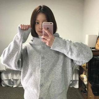 Frill Layered High-Neck Oversized Knit Cardigan