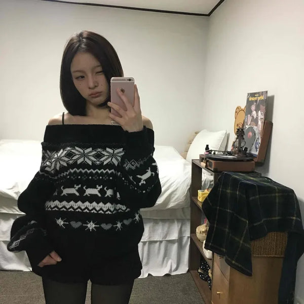 Holiday Snowflake Jacquard Slash Neck Loose Knit