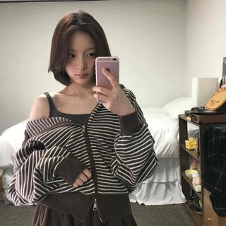 Off-shoulder Striped Crop Zip-up Cardigan