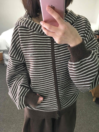 Off-shoulder Striped Crop Zip-up Cardigan