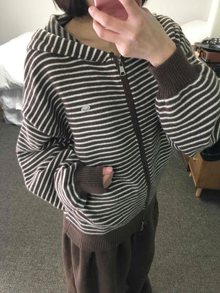 Off-shoulder Striped Crop Zip-up Cardigan
