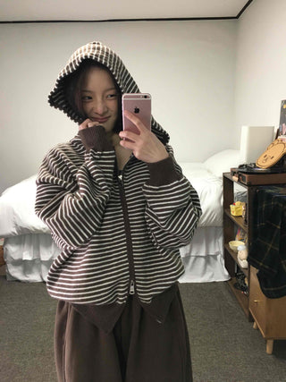 Off-shoulder Striped Crop Zip-up Cardigan