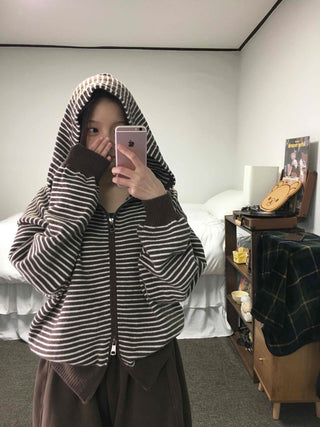 Off-shoulder Striped Crop Zip-up Cardigan