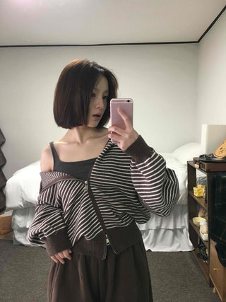 Off-shoulder Striped Crop Zip-up Cardigan