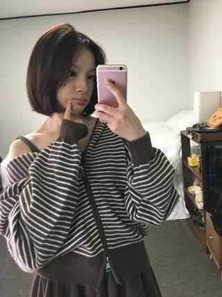 Off-shoulder Striped Crop Zip-up Cardigan