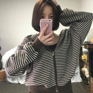 Off-shoulder Striped Crop Zip-up Cardigan