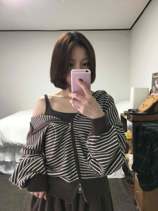 Off-shoulder Striped Crop Zip-up Cardigan