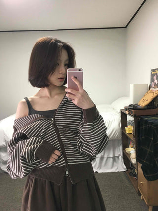 Off-shoulder Striped Crop Zip-up Cardigan
