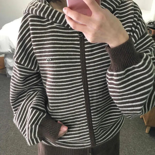 Off-shoulder Striped Crop Zip-up Cardigan