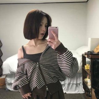Off-shoulder Striped Crop Zip-up Cardigan