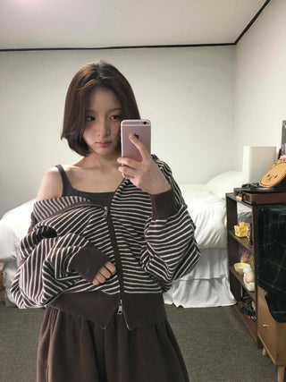 Off-shoulder Striped Crop Zip-up Cardigan