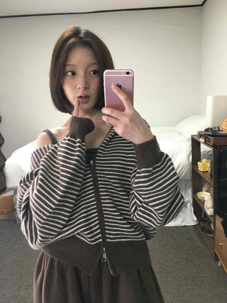 Off-shoulder Striped Crop Zip-up Cardigan