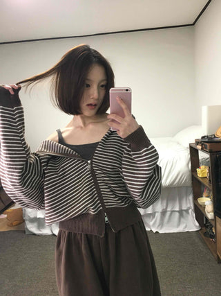 Off-shoulder Striped Crop Zip-up Cardigan