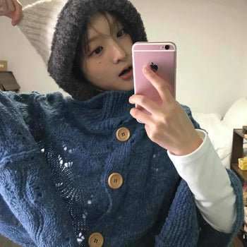 Cable Knit Punched Wood Button Hooded Vest