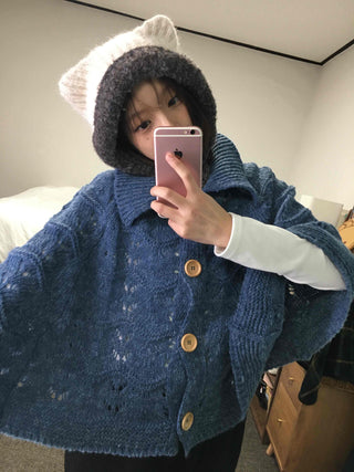 Cable Knit Punched Wood Button Hooded Vest